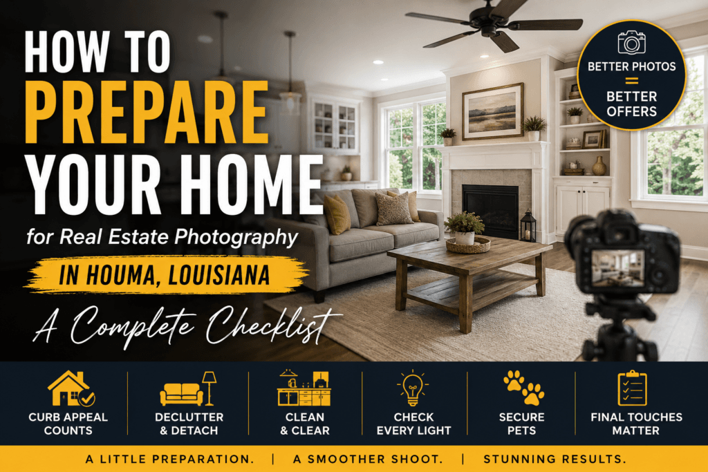How to prepare your home for real estate photography in Houma, Louisiana, with a clean living room and camera setup