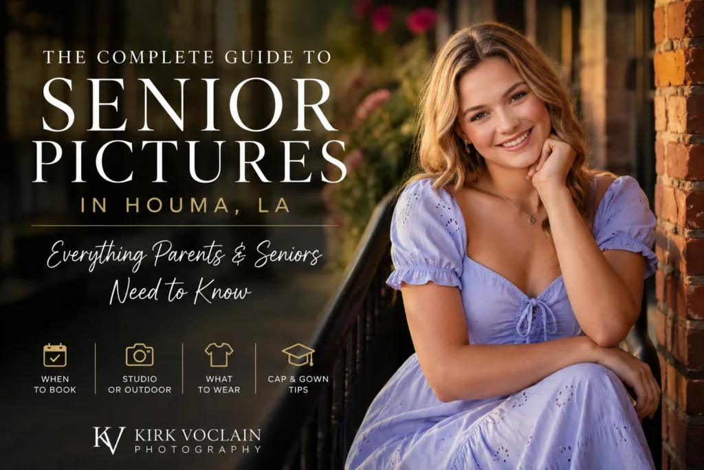 Young woman in a light purple dress sits smiling on a porch. Text reads: The Complete Guide to Senior Pictures in Houma, LA—brought to you by a trusted senior photographer Houma LA families love. Everything Parents & Seniors Need to Know. Icons suggest tips on booking, location, outfits, and cap & gown.