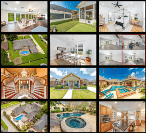 A grid of 16 photos showcasing various rooms, outdoor spaces, pools, and architectural features of a large, modern home and its yard—perfect realtor photography examples highlighting the property’s stunning design and amenities. Kirk Voclain Houma Photographer.