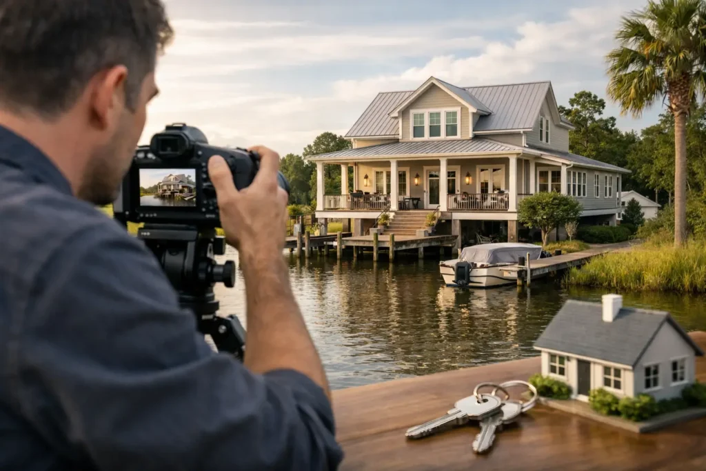 A real estate photographer in Houma photographs a waterfront house with a boat dock. In the foreground are house keys and a small house model on a table.