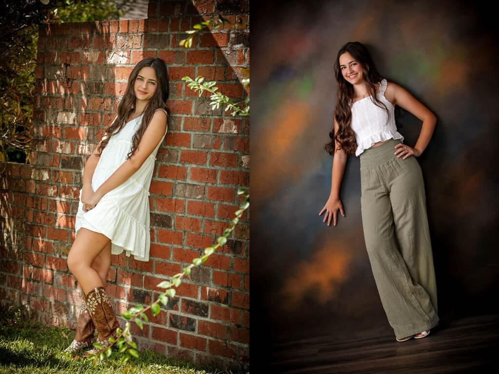 Two photos of a young woman with long brown hair highlight the contrast between studio vs outdoor senior pictures in Houma: on the left, she wears a white dress and cowboy boots, standing by a brick wall outside; on the right, she poses indoors against a dark background in a white top and olive pants. Houma Photographer Kirk Voclain Photography