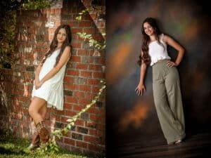 Two photos of a young woman with long brown hair highlight the contrast between studio vs outdoor senior pictures in Houma: on the left, she wears a white dress and cowboy boots, standing by a brick wall outside; on the right, she poses indoors against a dark background in a white top and olive pants. Houma Photographer Kirk Voclain Photography