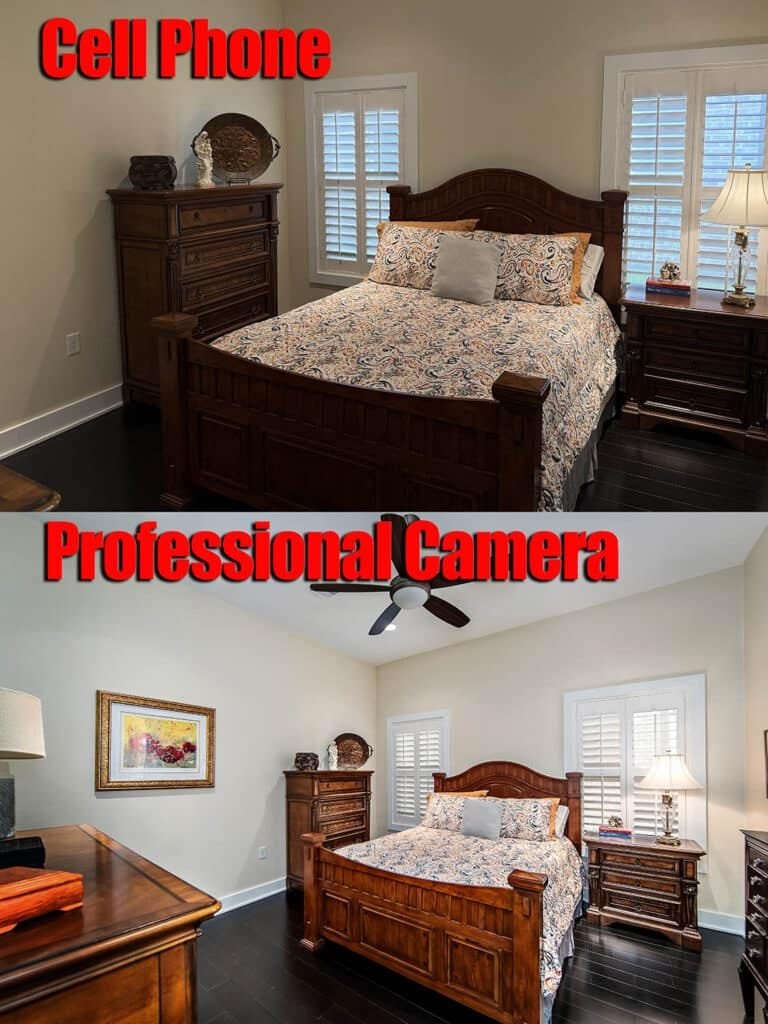 Cell Vs Pro A side-by-side comparison of a bedroom, showing professional versus phone listing photos with the top image captured by a cell phone and the bottom by a professional camera.
