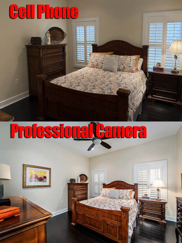 A side-by-side comparison of a bedroom, showing professional versus phone listing photos with the top image captured by a cell phone and the bottom by a professional camera.